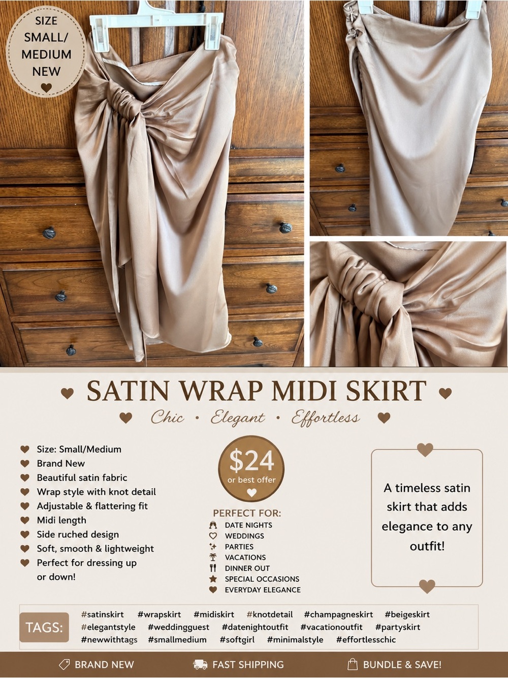 Miss Lola Satin Wrap Midi Skirt in Champagne Brown